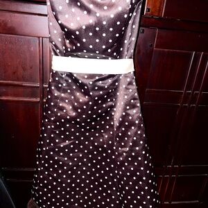 Vintage Gunne Sax Brown Polka Dot Midi strapless Dress with White silk ribbon